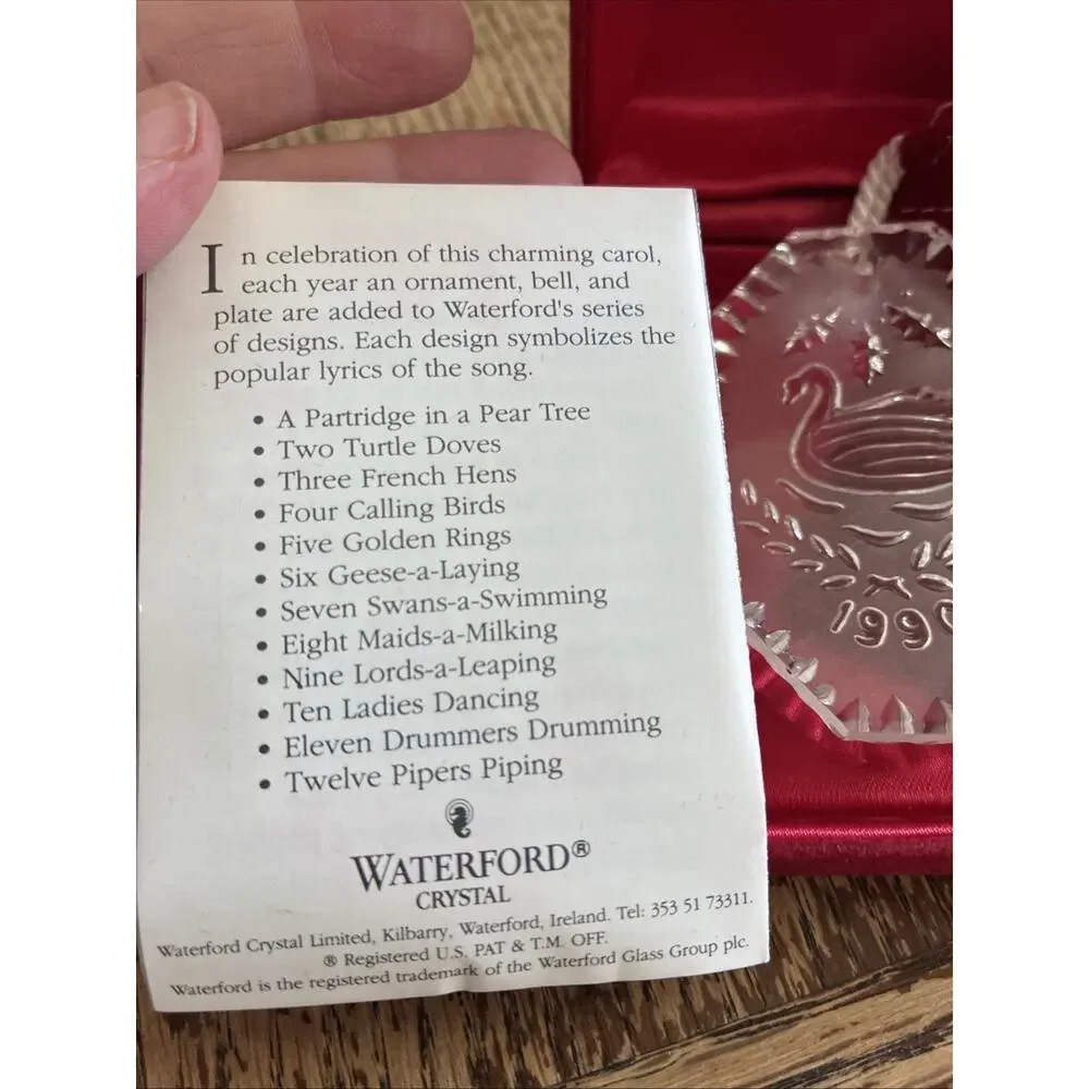 1990 Waterford Crystal 12 Days Of Christmas Seven Swans Swimming Ornament Box